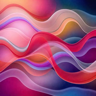 The primary subject of the image is a colorful, abstract artwork featuring a series of swirling, curved lines in various shades of pink, blue, and orange. The setting is a dark background, which contrasts with the vibrant colors of the artwork. The visual style is a combination of digital art and illustration, creating a dynamic and eye-catching piece. The dominant colors and overall atmosphere of the image are energetic, lively, and full of movement, reflecting the dynamic nature of the artwork itself.
